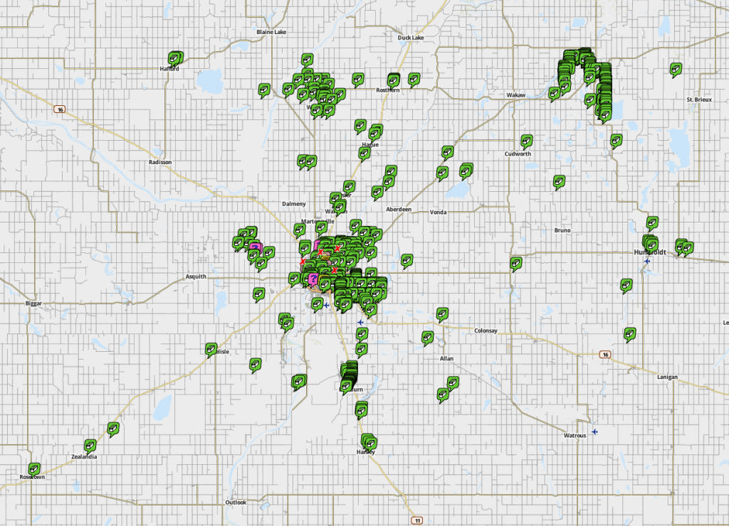 Map showing all 427 new geocaches in the Saskatoon and surrounding areas.